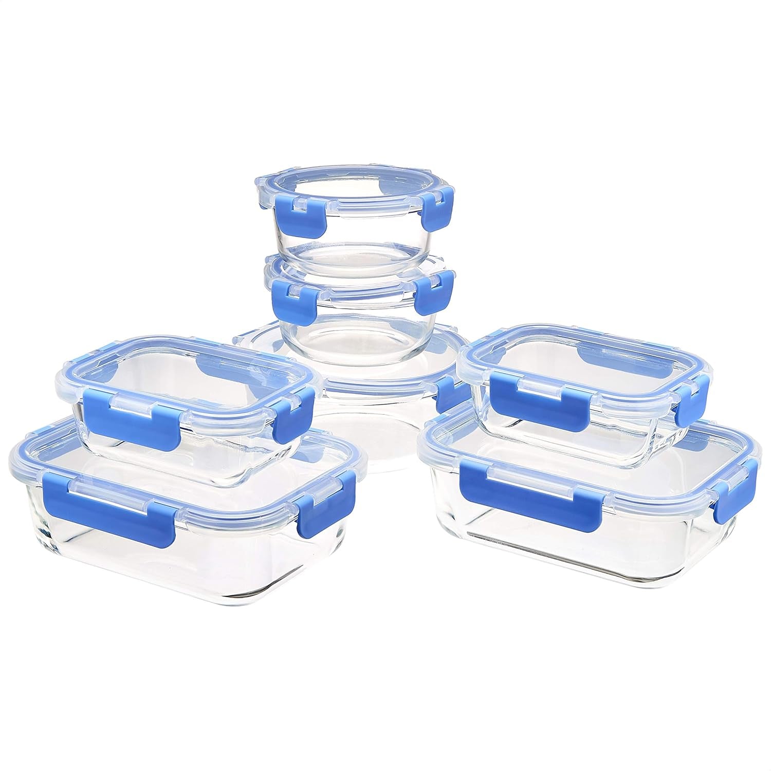 Amazon Basics Lebensmittelbehälter mit luftdichten Glasdeckeln, 14-teiliges Set, BPA-frei, 7 Behälter und 7 Deckel, transparent mit blauem Silikonband, Naty Shop Lebensmittel-Aufbewahrungsboxen, 14-teiliges Set