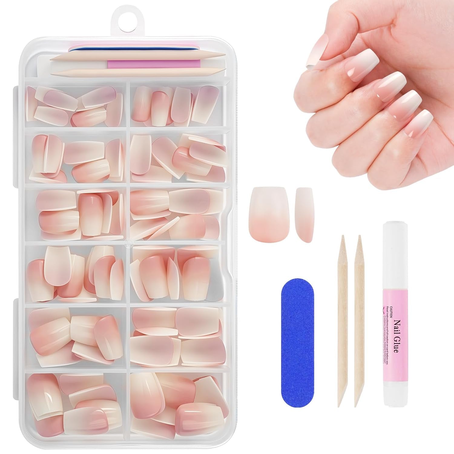 240-teiliges Set mit künstlichen Nagelspitzen, French Press On False Nails, Press On French Nails, 12 Größen, Fake Nails mit Kleber für Damen und Herren (Nude White Medium Almond)