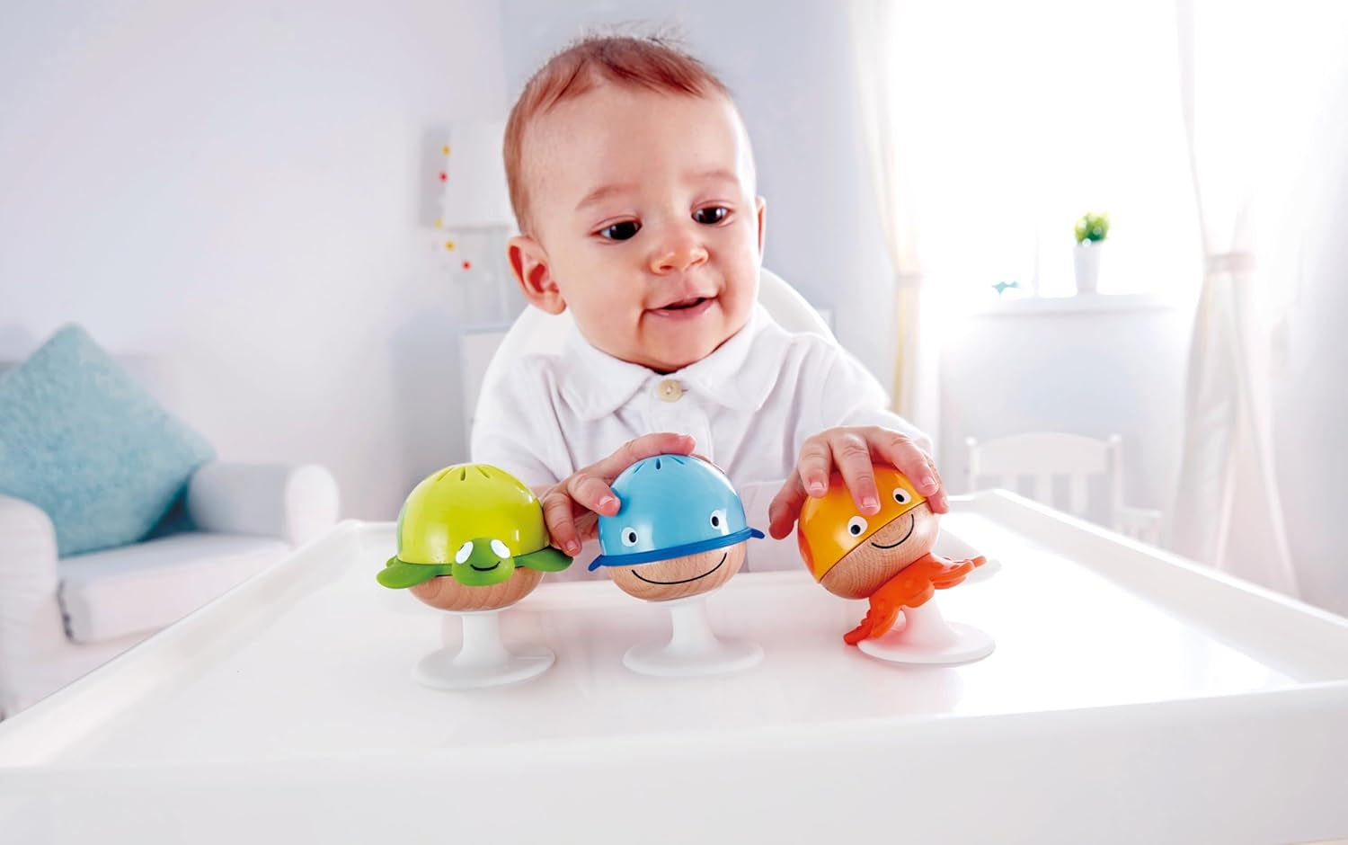 Rasselset mit Saugnapf Hape | Drei Tiere mit Beißringelementen, Schildkröte, Oktopus und Wal | Lernspielzeug ab 0 Monaten Bebe Toys Naty Shop