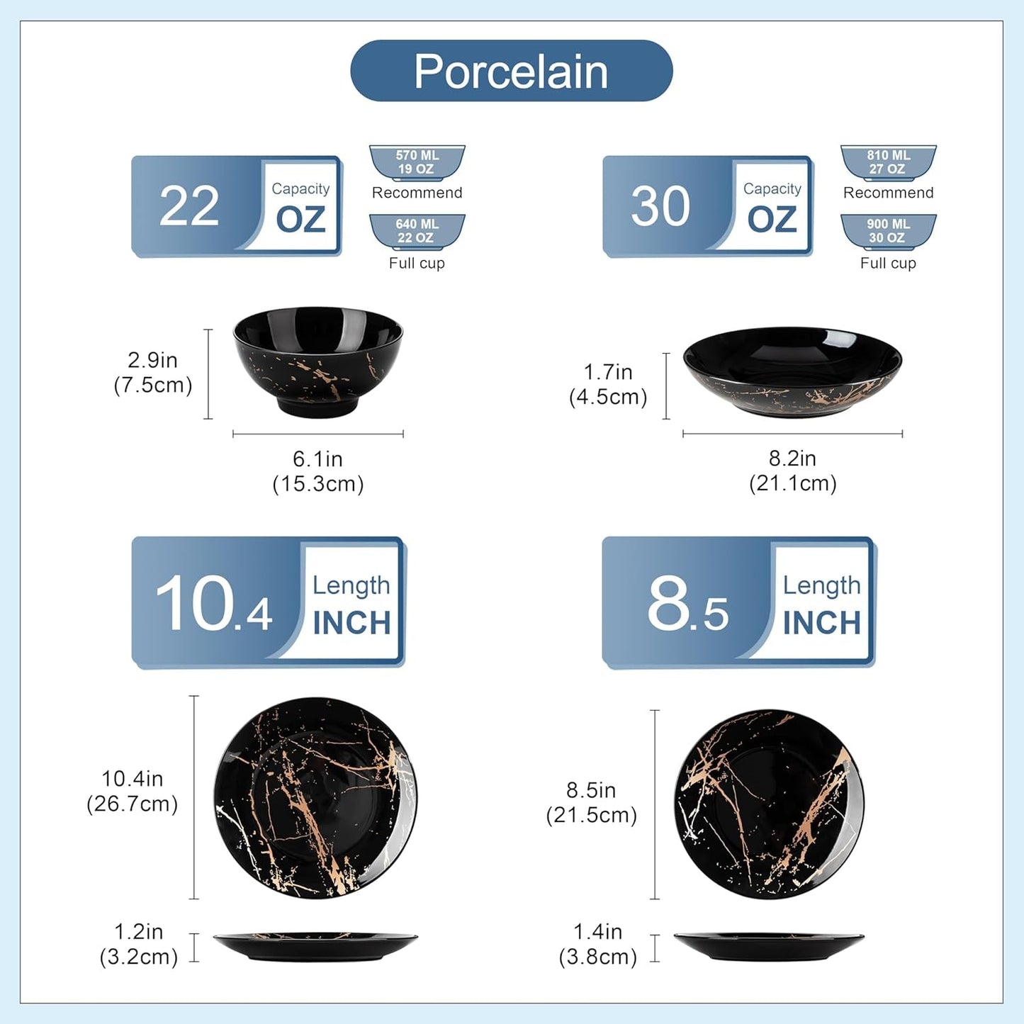 LOVECASA Daphne-Serie Porzellan-Geschirrset SWEET, 24-teiliges Kombinationsset, goldene Design-Speiseteller, Dessertteller, Müslischalen und Speiseteller für 6 Personen