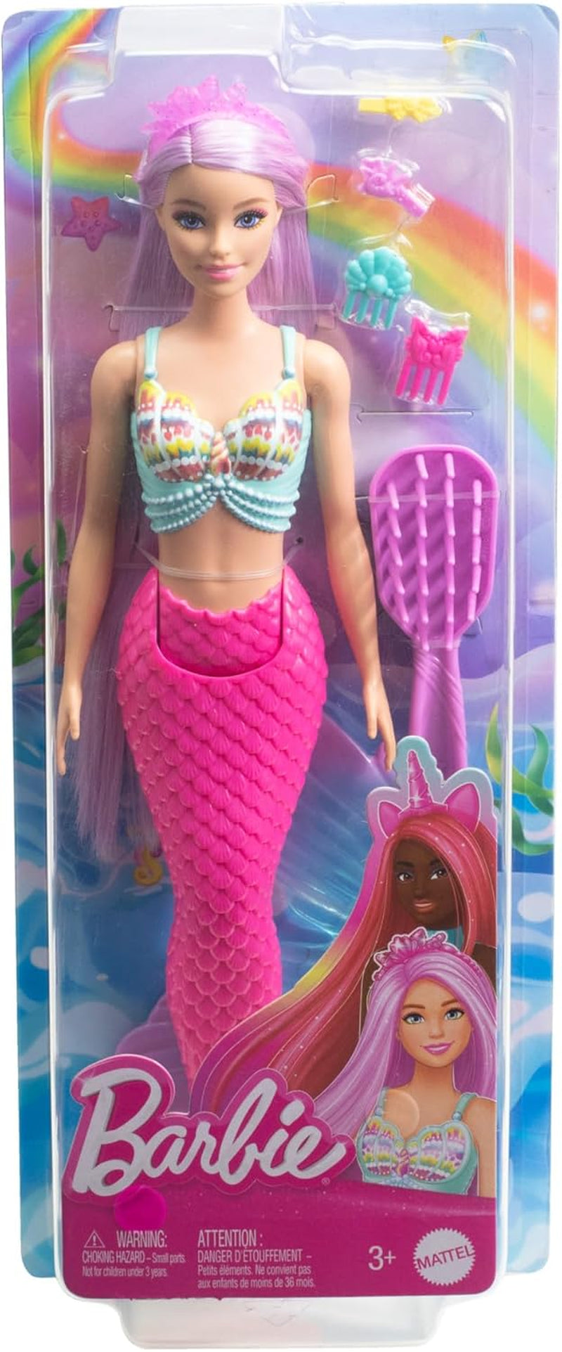 Barbie-Meerjungfrau-Puppe – mit langen rosa Haaren und individuellen Styling-Accessoires, einschließlich Bürste, hübscher Muschel und rosa Flossen, für Kinder ab 3 Jahren, HRR00 Naty Shop Dolls