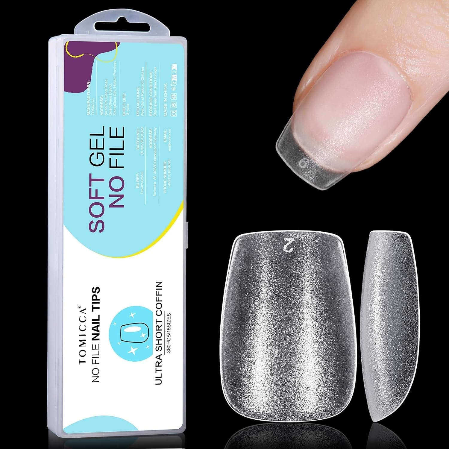 TOMICCA Sargspitzen, ultrakurze Nagelspitzen – Nagelspitzen, weiche Gel-Spitzen, vollständige Abdeckung, vorgeformte matte künstliche Nagelspitzen, Gel-Nagelspitzen – 360 Stück, 15 Größen