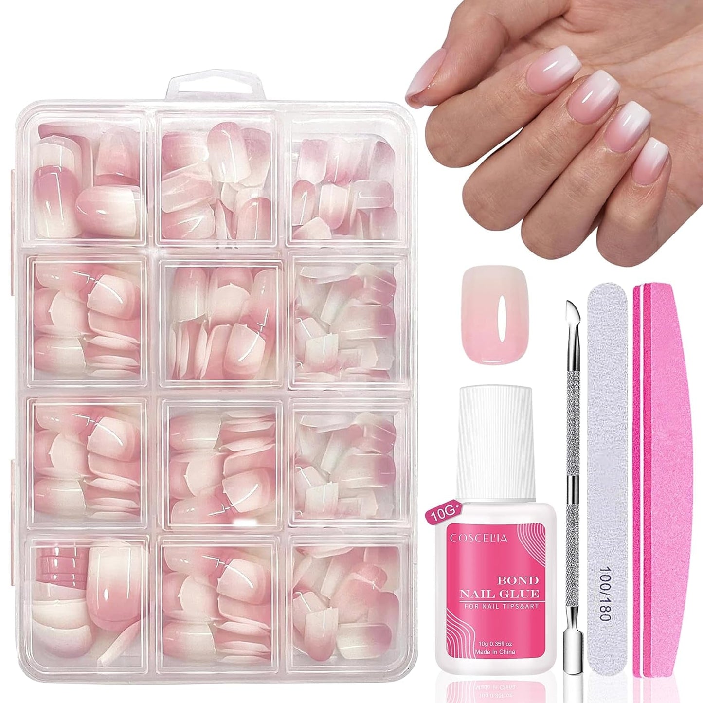 Künstliche Nägel-Set – 240-teilig, zum Aufkleben, französische Kunstnägel – rosa-weißes Farbverlaufsdesign, künstliche Nägel, vollständige Abdeckung, weiches Gel, natürlich und angenehm zu tragen (Rosa Mandel)