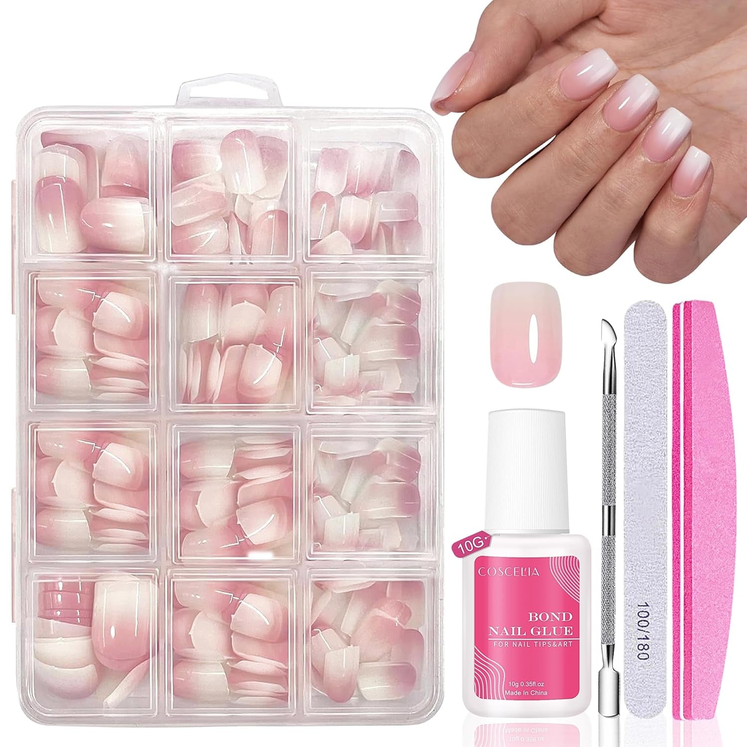 Künstliche Nägel-Set – 240-teilig, zum Aufkleben, französische Kunstnägel – rosa-weißes Farbverlaufsdesign, künstliche Nägel, vollständige Abdeckung, weiches Gel, natürlich und angenehm zu tragen (Rosa Mandel)