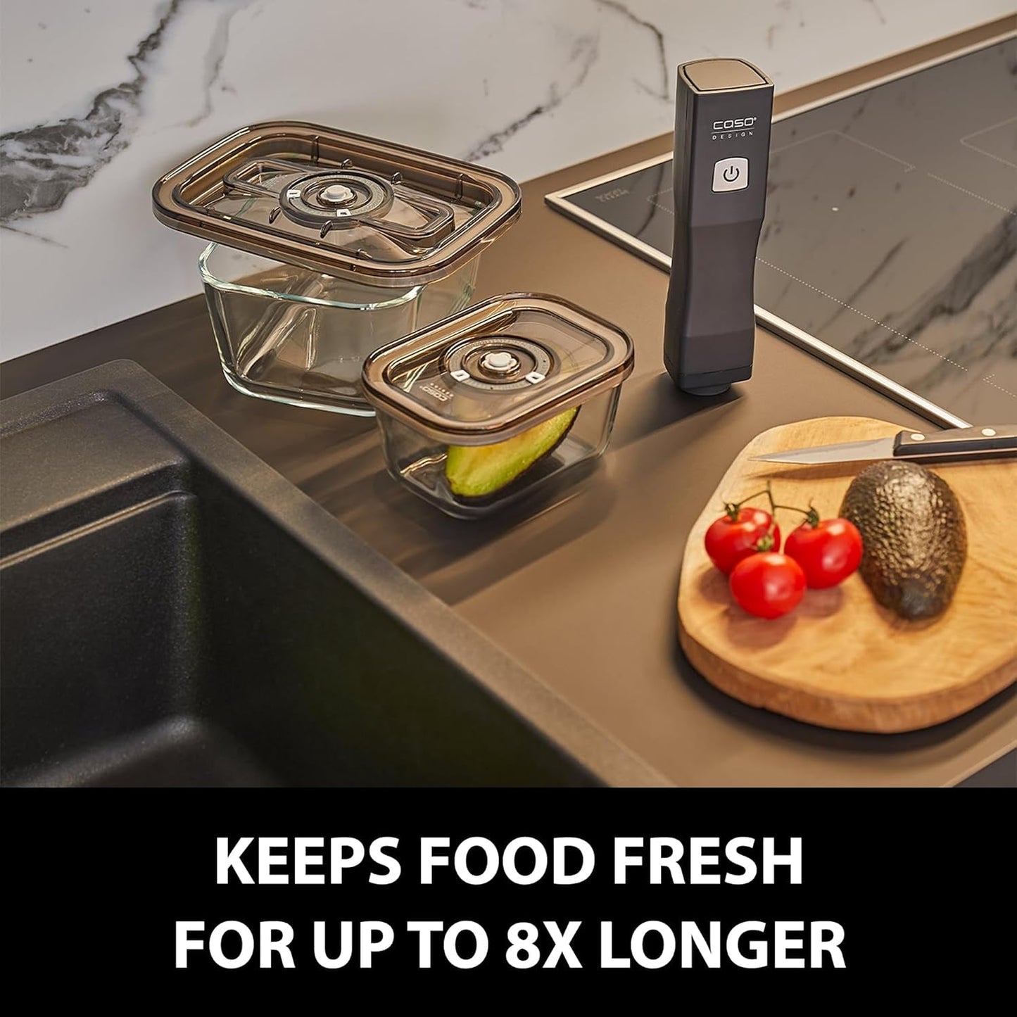 Caso Vacu OneTouch Eco Set, manuelles Vakuumiergerät, inklusive 3 Glas-Vakuumbehälter und VacuBoxx Eco-Duo S – Vakuum-Frischebehälter / 2 Behälter mit je 500 ml Frischhaltedosen Naty Shop