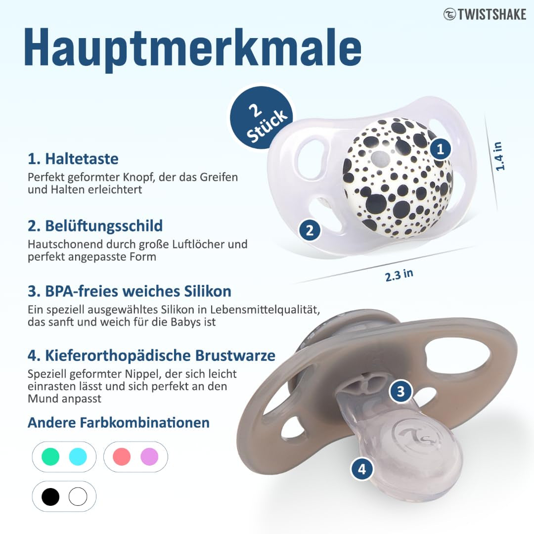 Twistshake Baby-Schnuller – 2er-Pack | Kieferorthopädische Form | Ultraleicht | Weicher Silikonsauger | BPA-frei | Geeignet für Babys ab 6 Monaten | Grauweiß