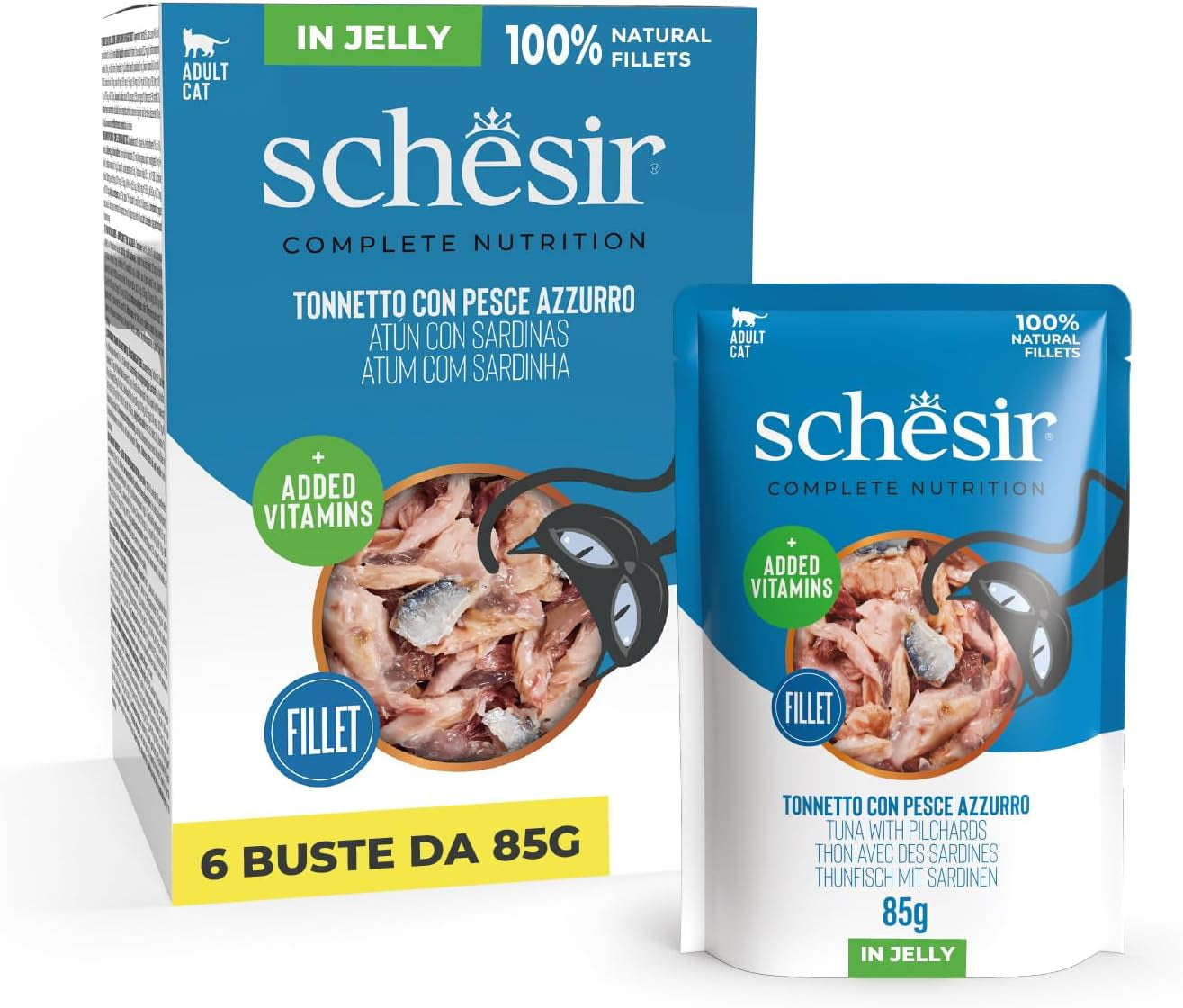 , Thunfisch mit blauem Fisch in Gelee, komplettes Nassfutter für Katzen, im Beutel, mit zusätzlichen Vitaminen, 100 % natürlich, 6 x 85 g