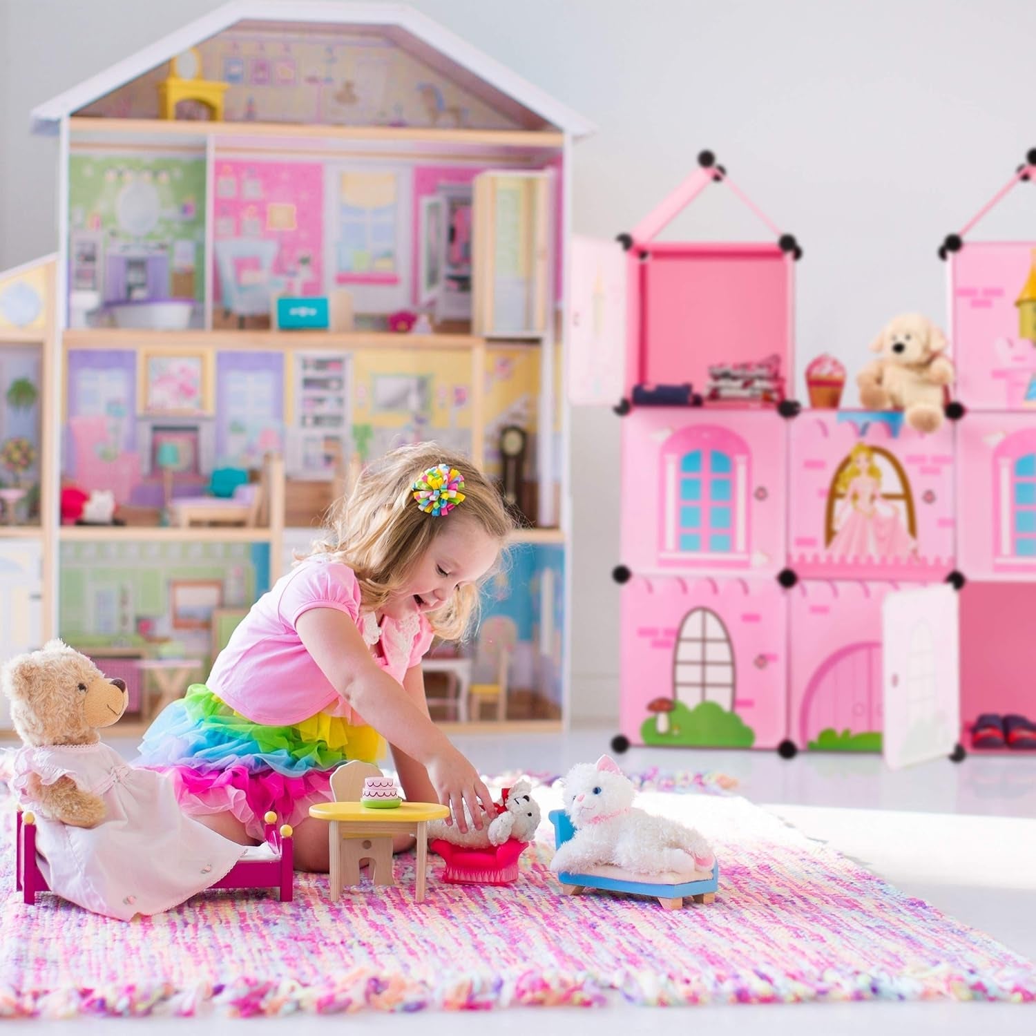 Relaxdays Modulregal für Kinderzimmer, Prinzessinnenschloss-Design, Kunststoff, DIY-Schrank mit Türen, HL: 128 x 110 x 37 cm, rosa