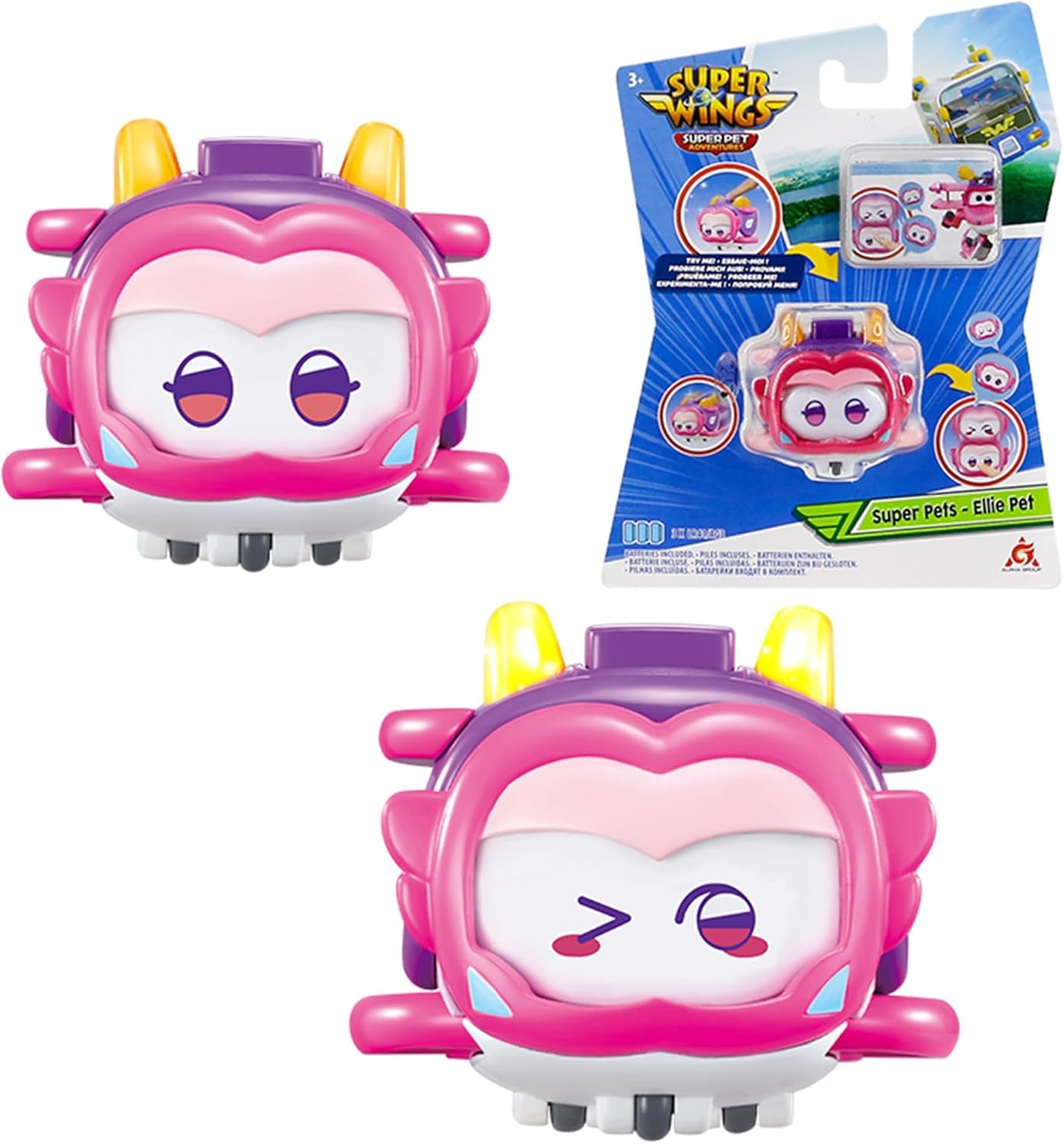 Super Wings Super Pets 4 Stück Shine, Golden Boy, Jerome, Ellie, umschaltbarer Gesichtsausdruck, Blitzeffekt, tragbares Spielzeug für 3, 4, 5, 6, 7, 8 Jahre alte Jungen und Mädchen, 5,1 cm große Actionfiguren, Naty Shop Ellie