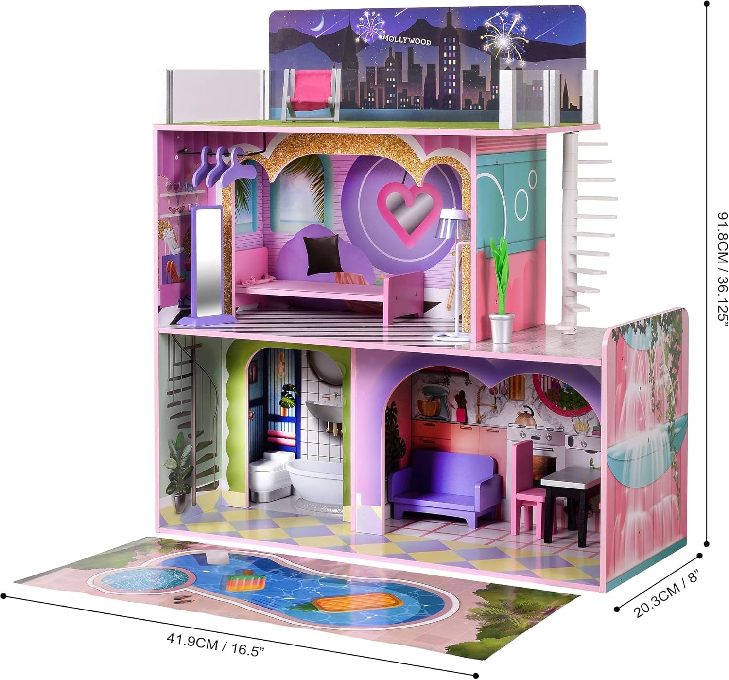 Olivia's Little World Big Dreamland Sunset Zeitgenössisches interaktives Holzpuppenhaus für Kinder, 3 Etagen mit 16 Puppenmöbelzubehör, Multi TD-13616A Puppenhäuser Naty Shop