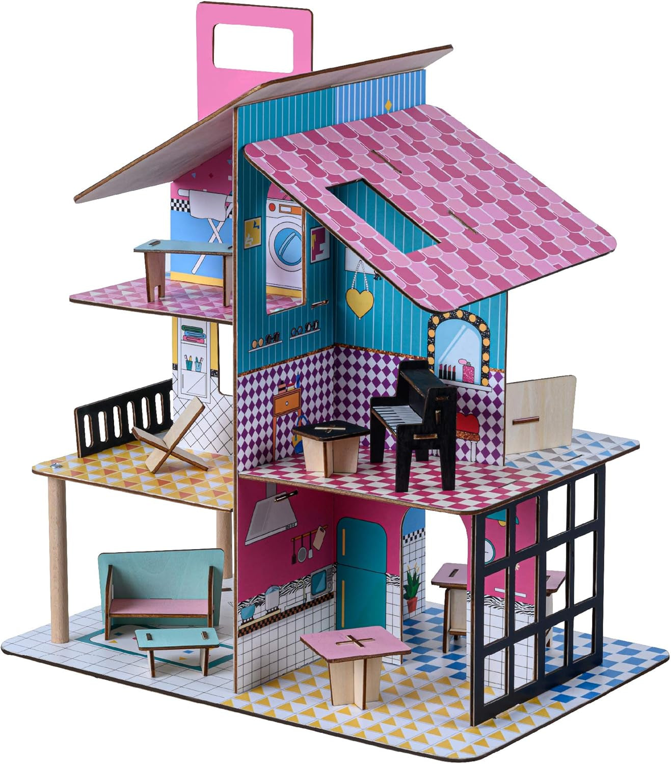 Olivia's Little World 360-Puppenhaus aus Holz für Kinder, 3,5-Zoll-Puppen und 12 Zubehörteile, mehrfarbig TD-13260C