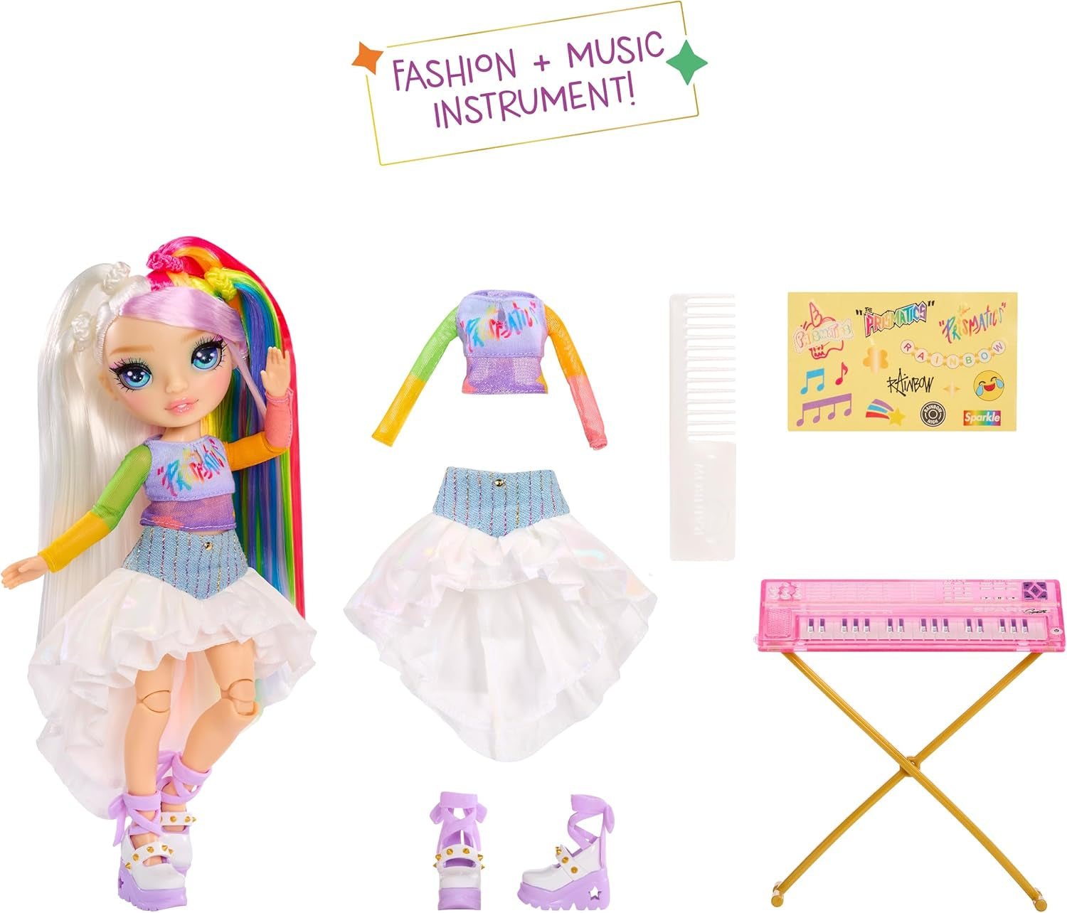 Rainbow High Junior High Rockband – Amaya, Regenbogenfarben – 23 cm große Modepuppe mit Tastatur, anpassbar mit Aufklebern, beweglich, süßes Spielzeug für Kinder ab 4 Jahren