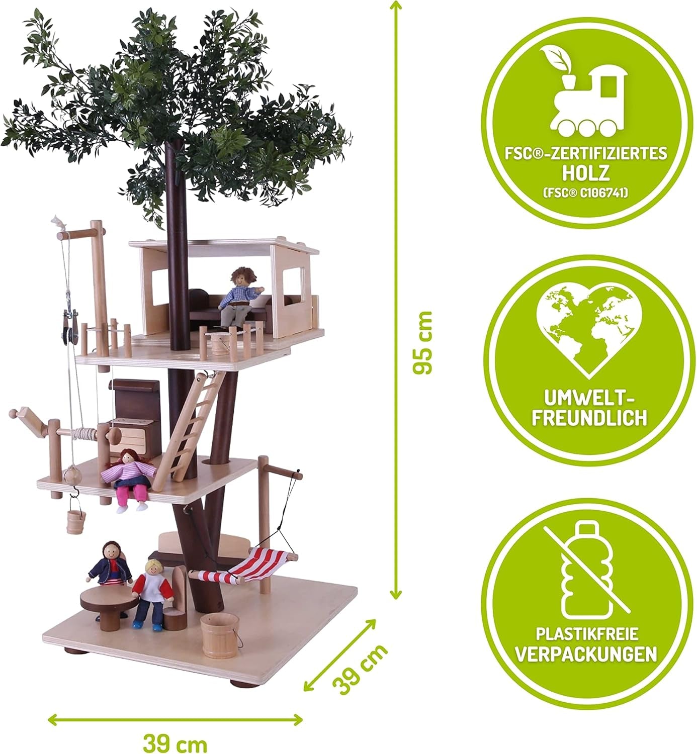 Everearth Baumhaus aus Holz – Puppenhaus für Kinder ab 3 Jahren – Nachhaltiges Spielhaus mit Zubehör – Fsc®-zertifiziert – Perfektes Holzspielzeug für fantasievolles Spielen – Puppenhausmöbel EE33767 Naty Shop Puppenhäuser