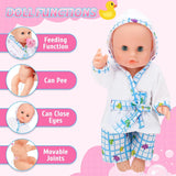 deAO Puppenbadewannen-Set, 33 cm große interaktive Puppe, Puppenbadewanne, Puppenspielset mit Schnuller, Puppenkleidung, Bademantel, Puppenwindeln, Badewanne und funktionellem Duschspray