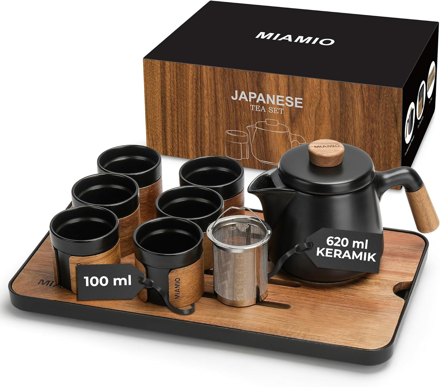 MIAMIO – Japanisches/chinesisches Tee-Set 6 x 100 ml/asiatische Teekanne 620 ml mit Tee-Ei, traditionelles japanisches Teekannen-Set für Teeliebhaber/Männer/Frauen (schwarz)