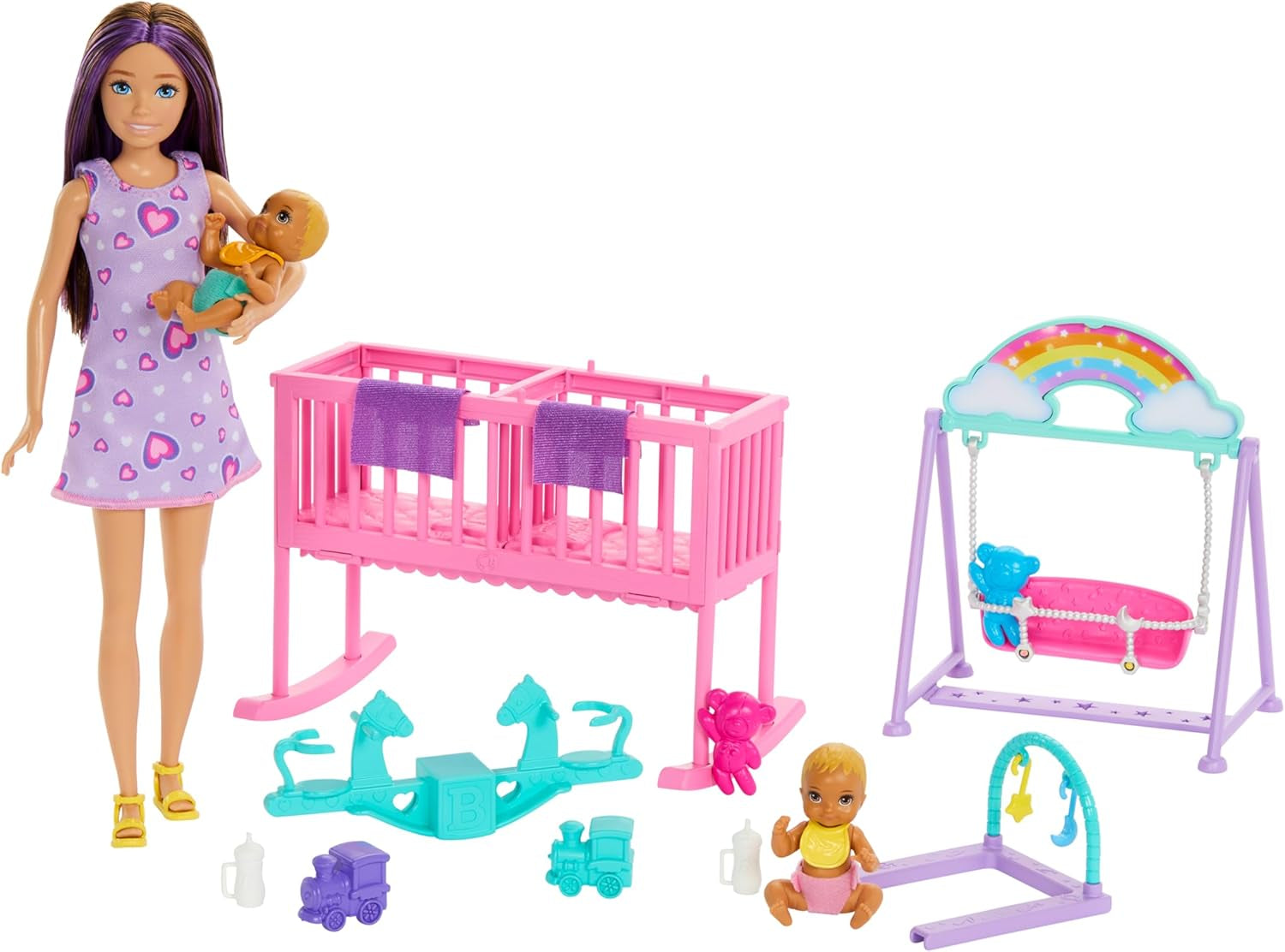 Barbie Skipper-Puppe und Spielhaus mit Zubehör, enthält Zwillingspuppen, 1 Kinderbett, 1 Schaukel, 1 Wippe und mehr, HXM99