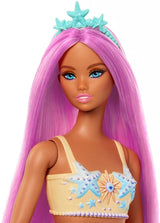 Meerjungfrau-Barbie-Puppe mit schickem rosa Haar und Stirnband, Seesternkopf-Puppe und weicher orangefarbener Schwanzflosse, HRR05