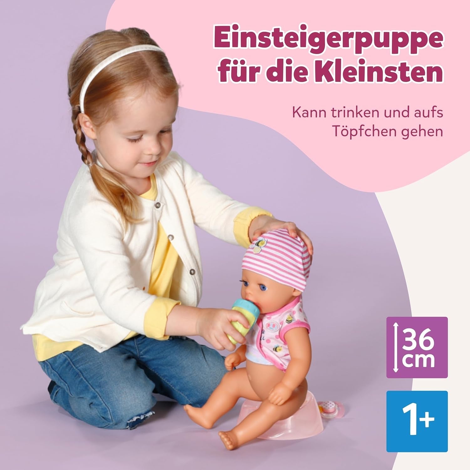 BABY Born Lena (Mädchen) – Babypuppe 36 cm – 7 Funktionen, inklusive Zubehör und Matratze – Funktioniert komplett ohne Batterien – Geeignet für Kleinkinder ab 1 Jahr
