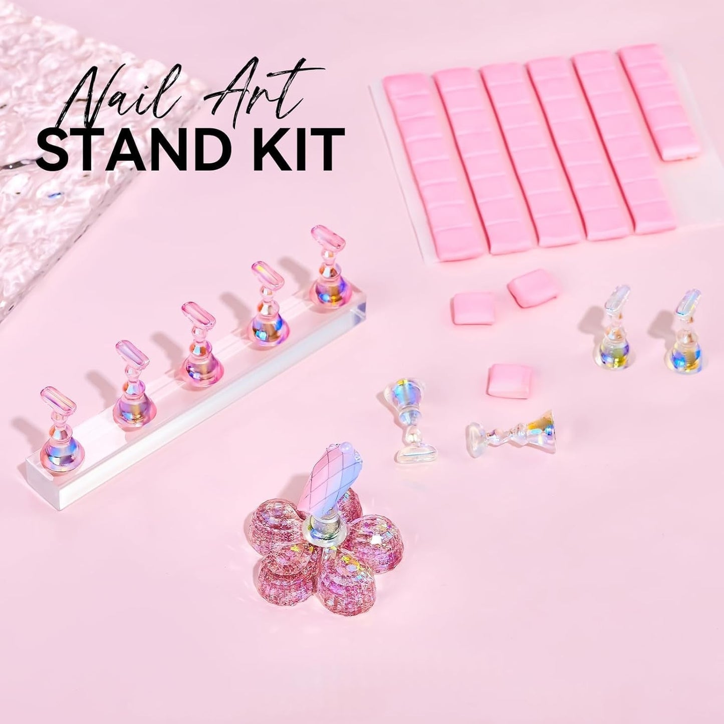Makartt Acryl-Nagelhalter, magnetischer Nagelhalter, Nagelhalter, transparenter rosa Nagelhalter mit 48 Stück Klebemasse