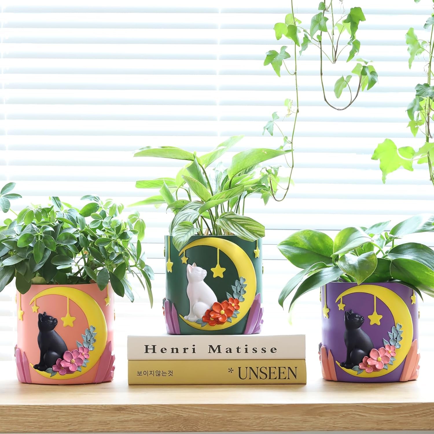 GUGUGO Niedliche Mondkatzen-Blumentöpfe, einzigartiger Blumentopf mit Drainage, Regenbogenfarben, kleine Zimmerpflanzentöpfe, lustige Sukkulenten-Gartentöpfe, Geschenk, Heimdekoration (C)