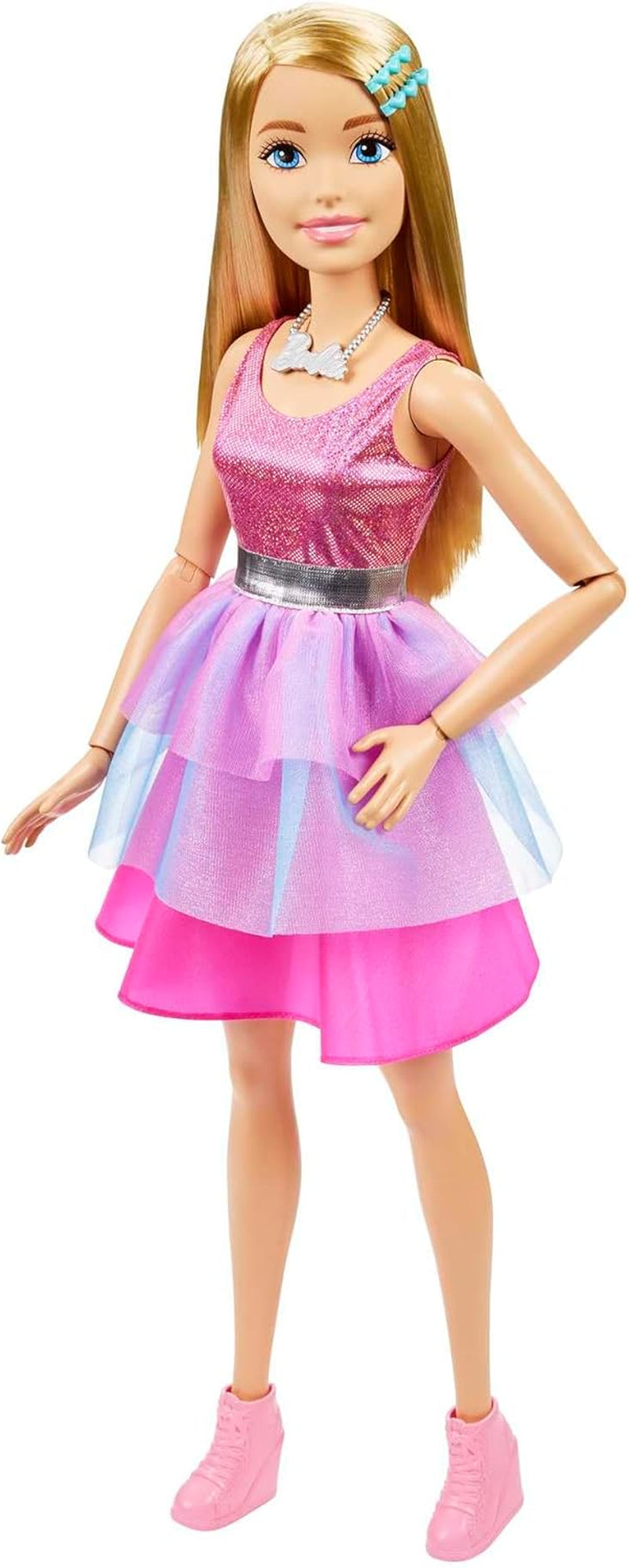Barbie-Puppe, extragroß (71 cm), rosa Kleid, blondes Haar mit Clip und Halskette, Geschenk für Kinder ab 3 Jahren, HJY02