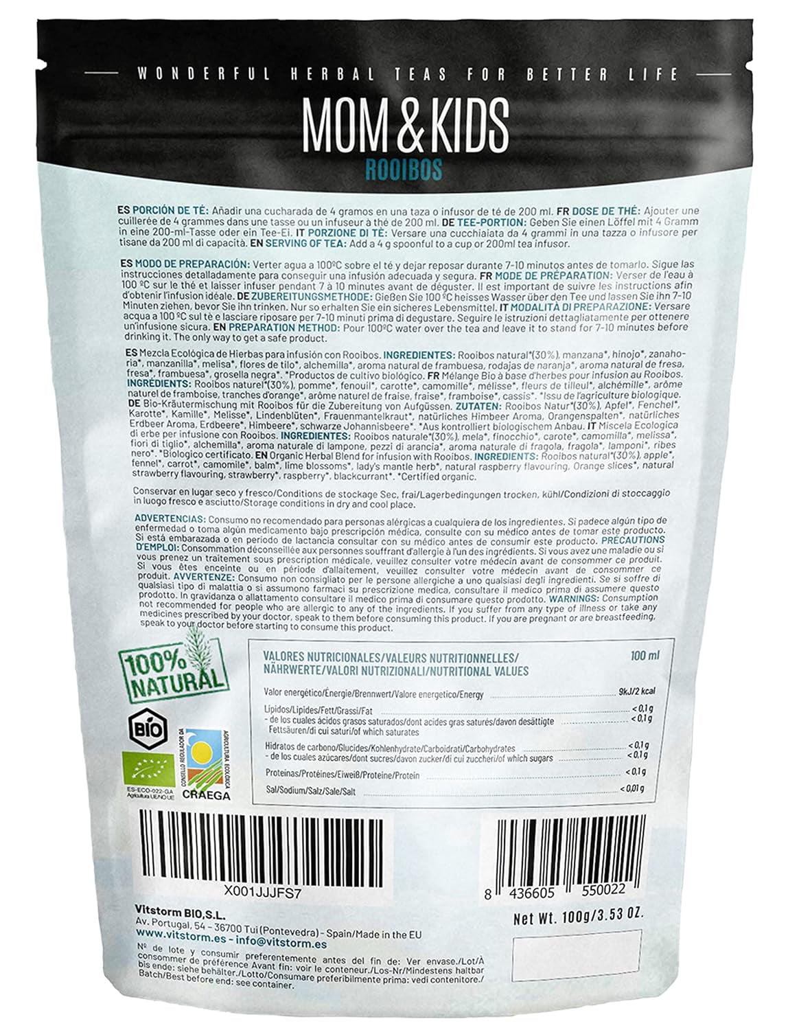 VITSTORM® BIO TEE Mom & Kids – Tee für Frauen und Stillende – Rooibos, Apfel, Fenchel, Zitronenmelisse, Alchemilla, Erdbeere – Entspannender Tee – Fruchtig und lecker – Koffeinfrei – Kräutertee 100 g