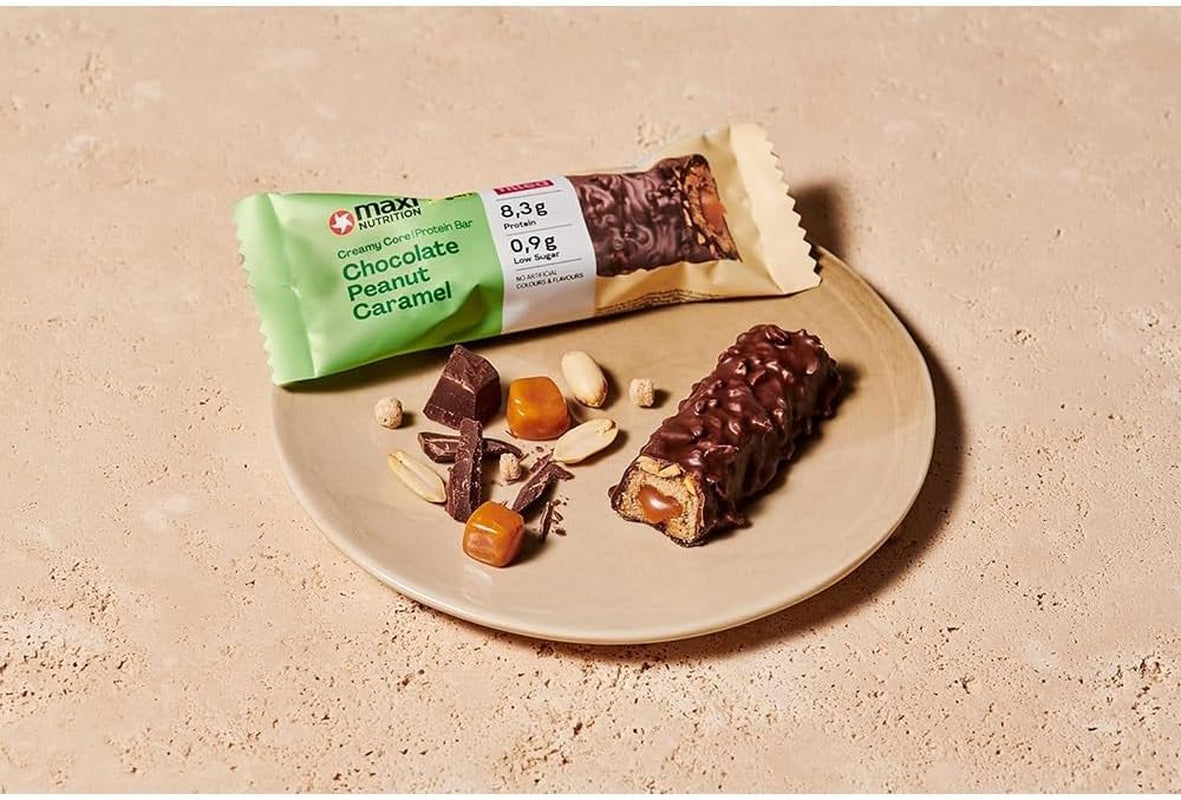MaxiNutrition Cremiger veganer Proteinriegel mit Schokolade, Erdnüssen und Karamell 12x45g – veganer Proteinriegel, 18% Protein, 8,3g pro Riegel, geringer Zuckergehalt (0,9g), kein zugesetzter Zucker, keine künstlichen Aromen