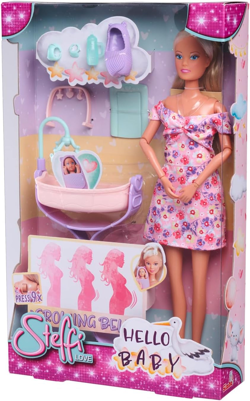 Simba 105733680 Steffi Love Doll Hello Baby (29 cm) – Schwangere Puppe mit wachsendem Bauch, Babypuppe und Zubehör – Spielzeug für Kinder, Mädchen und Jungen ab 3 Jahren