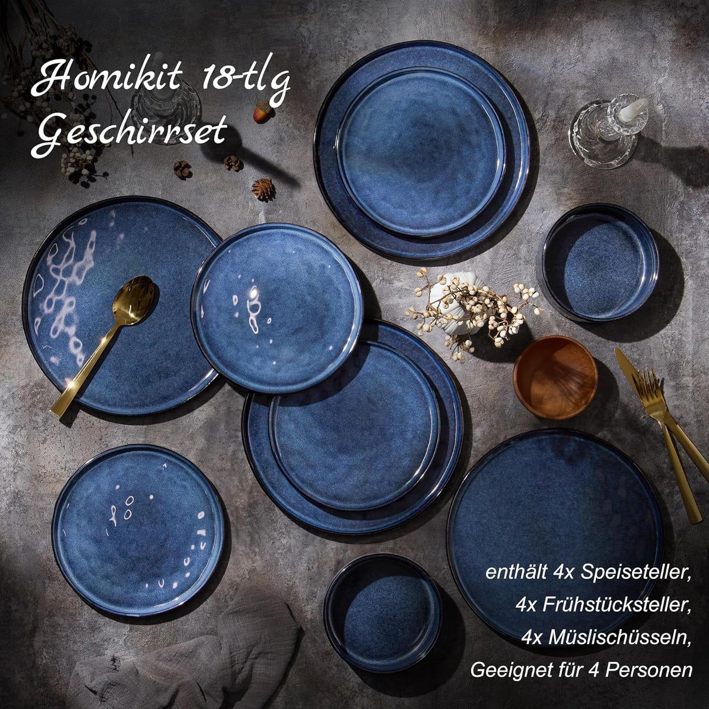 Homikit Geschirrset, 12-teiliges Geschirrset für 4 Personen, Kombiservice mit Tellern, Desserttellern und Müslischalen, mikrowellen- und spülmaschinenfest, elegantes Blau