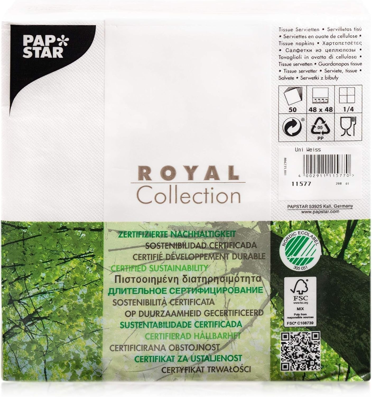 Papstar, 50 Servietten „ROYAL Collection“ 1/4-Falz 48 cm x 48 cm weiß, #11577
