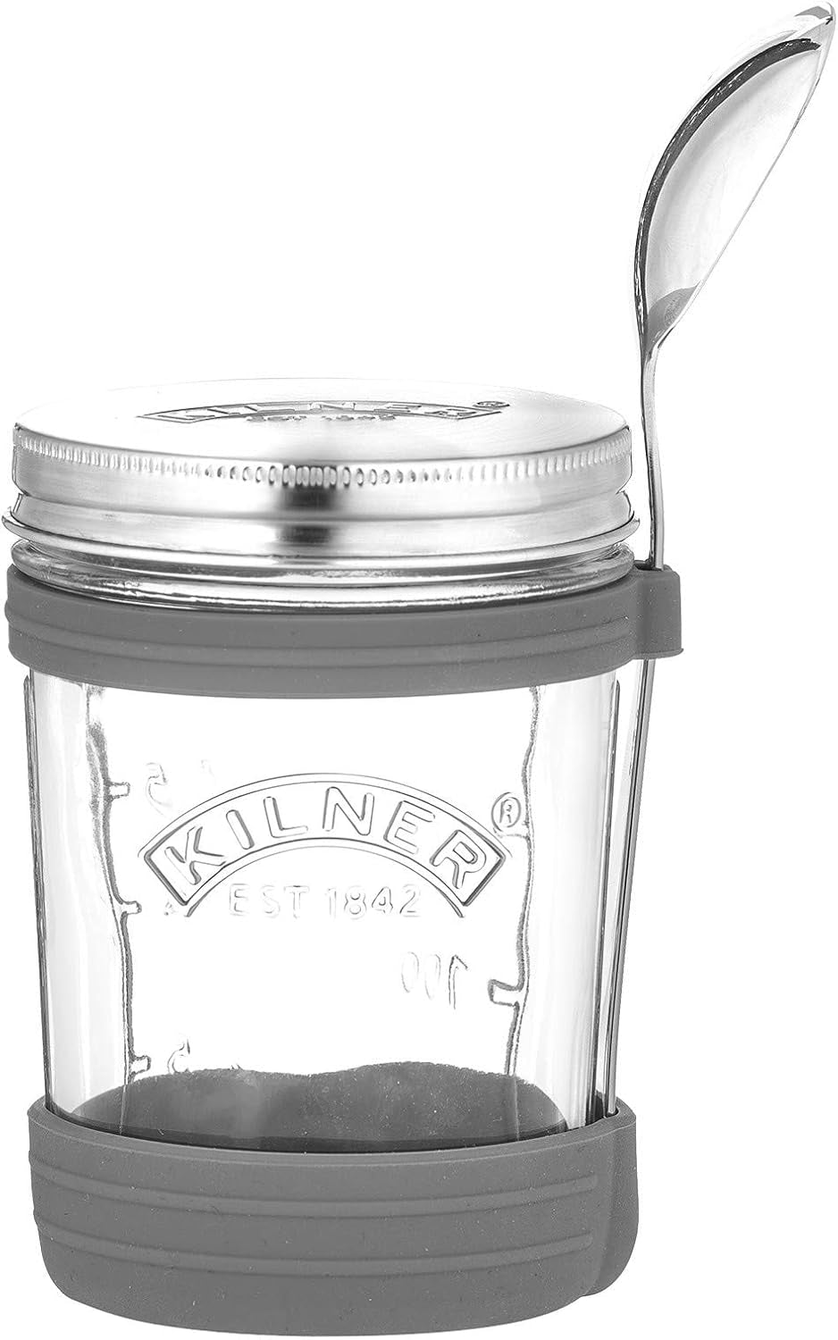 Kilner Frühstücksglas mit Löffel / 350 ml, Ø 9,5 cm / 5 Stück | Müslibecher zum Mitnehmen / ungiftig / Glasbehälter mit Deckel für Müsli, Porridge und Joghurt / Overnight-Oats-Behälter Lebensmittelaufbewahrungsboxen Naty Shop Suppentasse