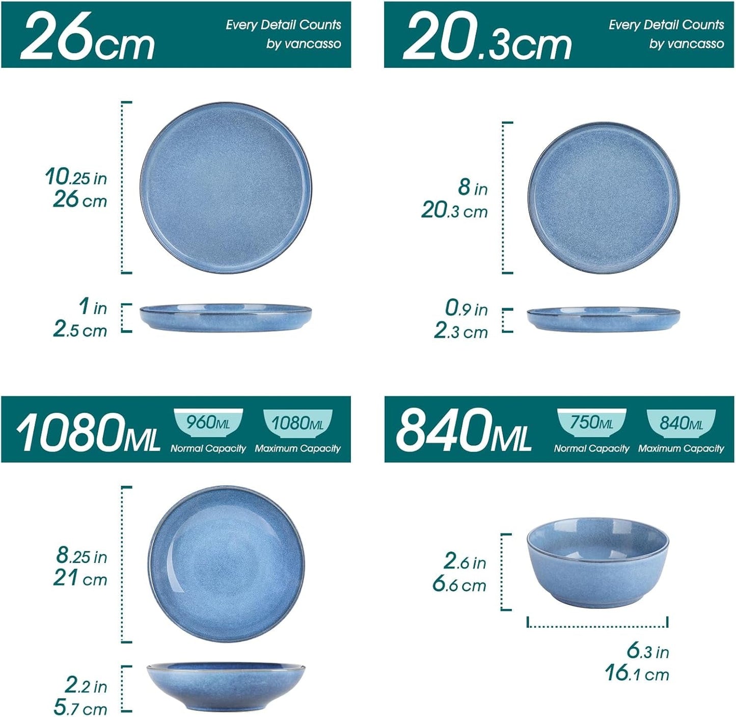 Steingut Geschirrset 6 Personen, vancasso ANYA Blau Teller Set Modern 24 teilig, Tafelservice mit Speiseteller, Suppenteller, Desserttellern, Schüsseln, Geschirr Set Spülmaschinen und Mikrowellenfest