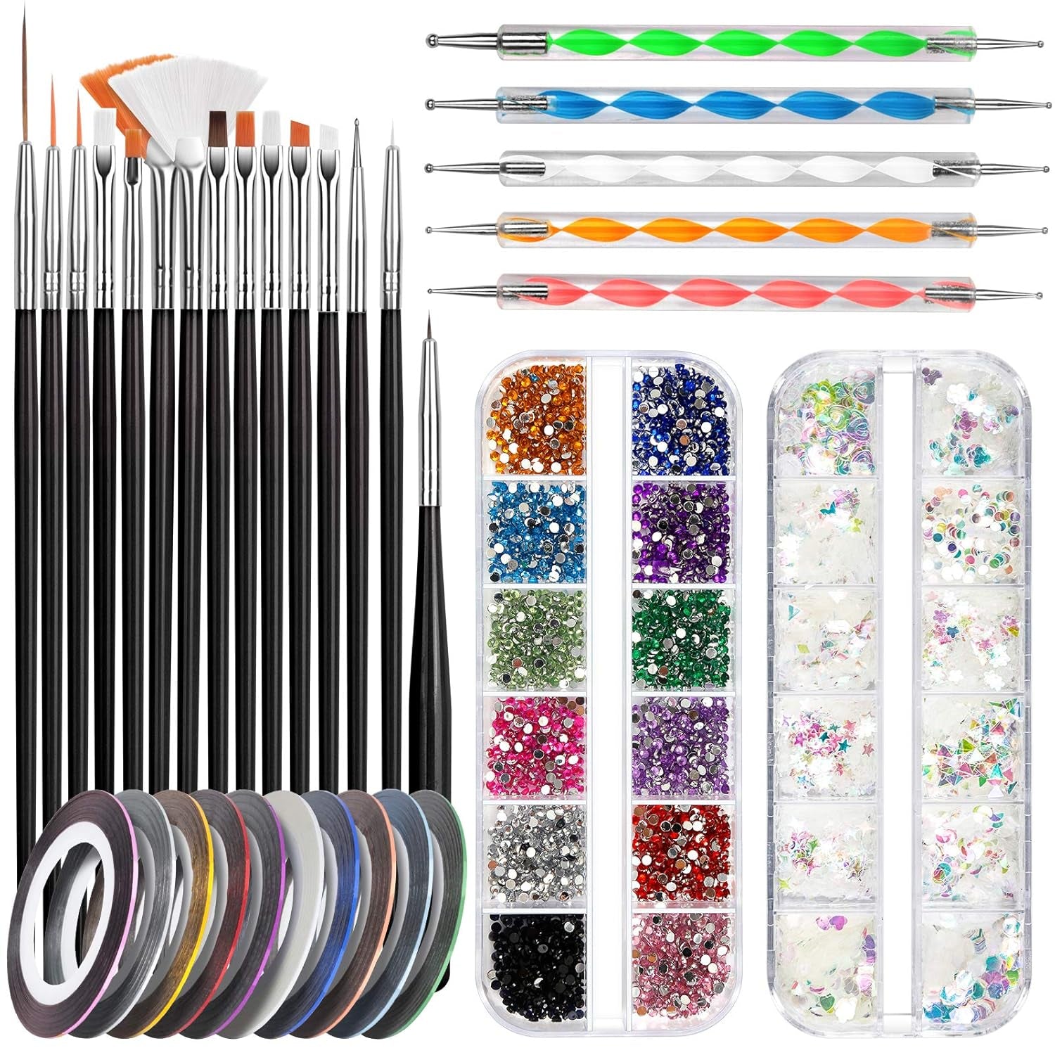 FANDAMEI Nail Art Pinsel Set, 15 Stücke Pinsel Für Gelnägel Nagel Pinsel, 5 Stücke Gepunkteter Stift, 10 Rolle Streifenband Nägel, Strasssteine ​​​​Nägel, Ultra Dünne Nagel Pailletten Für Nagelkunst Maniküre Set