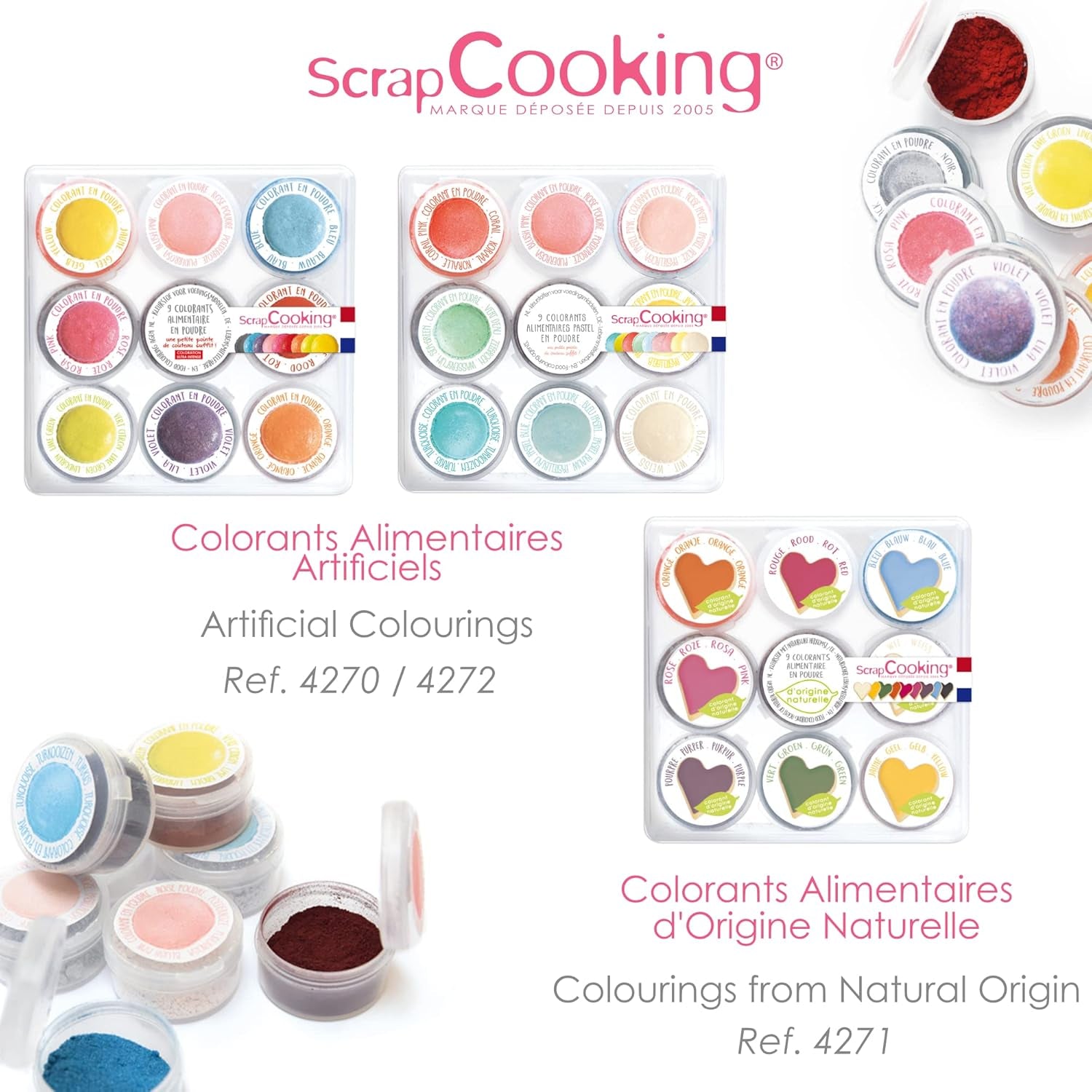 Scrapcooking – Set mit 9 pastellfarbenen Lebensmittelfarben – Blau, Gelb, Koralle, Rosa, Türkis, Limettengrün, Weiß, Aquagrün, Puderrosa – Essbares Farbpulver für Kuchen, Muffins, Macarons – 4272