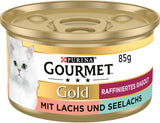 Gourmet Gold Refined Ragout Duetto Lachs & Gelber Kabeljau Nassfutter für Katzen, 12er-Pack (12 x 85 g)