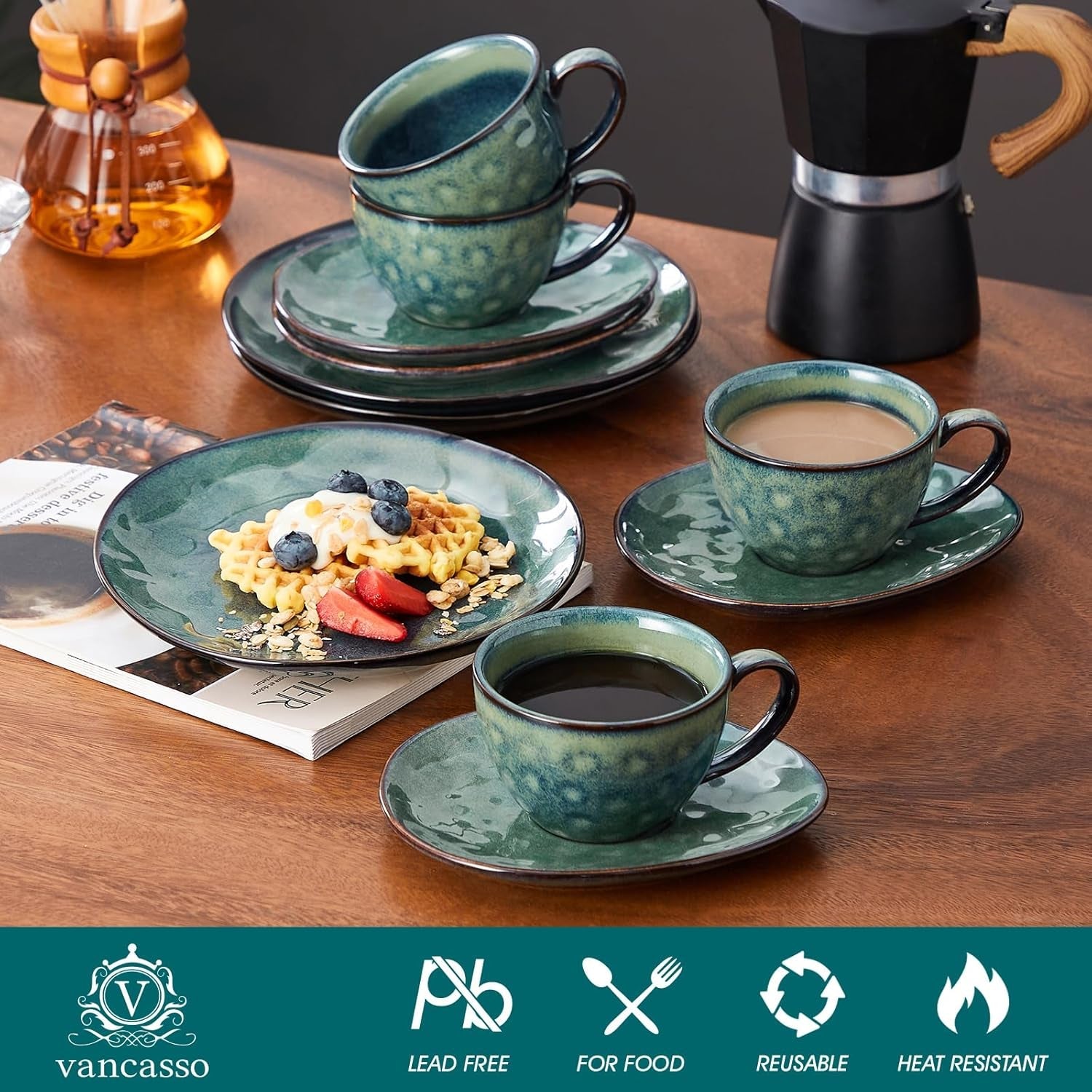 Vancasso Steingut-Kaffeeservice STARRY, 12-teiliges Kaffeeset für 4 Personen, inklusive Kaffeetassen und Untertassen im Vintage-Look