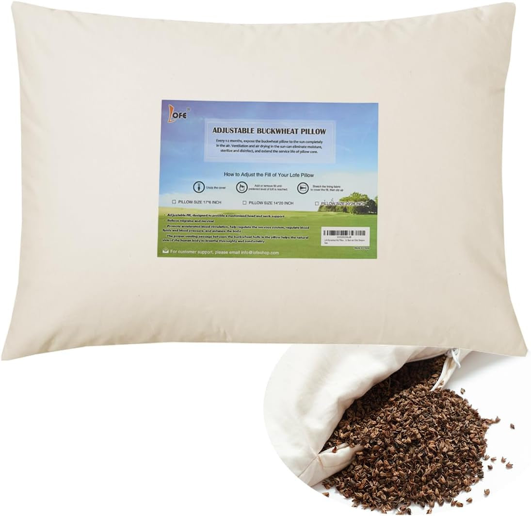 LOFE Bio-Buchweizen-Schlafkissen, 35,6 x 50,8 cm, verstellbar, atmungsaktiv, kühler Schlaf, Halswirbelstütze für Rücken- und Seitenschläfer (Tartary-Buchweizenschalen), Naty Shop Standard-Kissen, cremefarben, japanische Größe (14 x 20 Zoll)