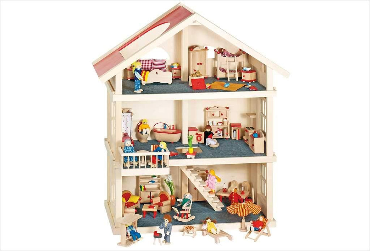 51957 Puppenhaus aus Holz, 65 x 35 x 87,5 cm – großes Puppenhaus aus Holz, 3 Etagen, offenes Design, rotes Dach, Treppe und Balkon für kreatives Rollenspiel, Puppenhaus-Spielwelt
