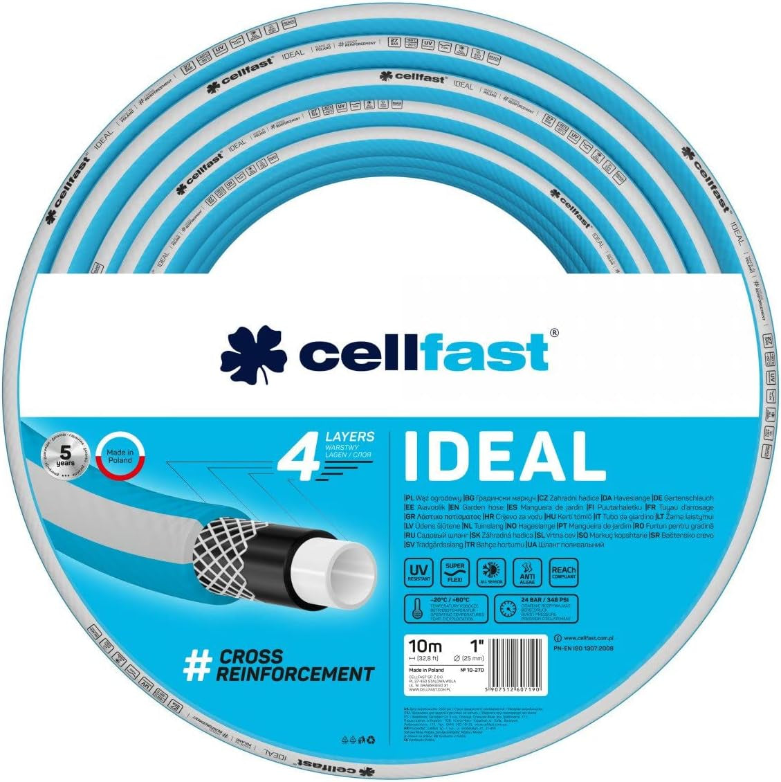 Gartenschlauch Cellfast IDEAL, langlebig, flexibel, 4 Lagen, langlebiges Kreuzgeflecht, UV- und algenbeständig, REACH-Technologie, 27 bar, -20/+60° kurzfristig 1", 10m