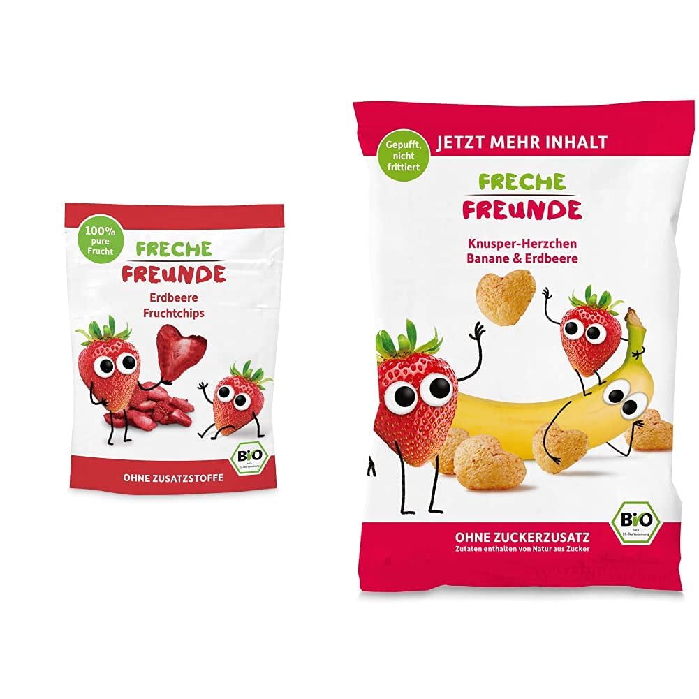 100 % Erdbeer-Bio-Fruchtchips, gefriergetrocknete Erdbeerchips, Packung mit 12 Stück (12 x 12 g) und Crispy Hearts Banane und Erdbeere, Bio-Snack für Kinder und Babys (9 x 30 g), 270 g