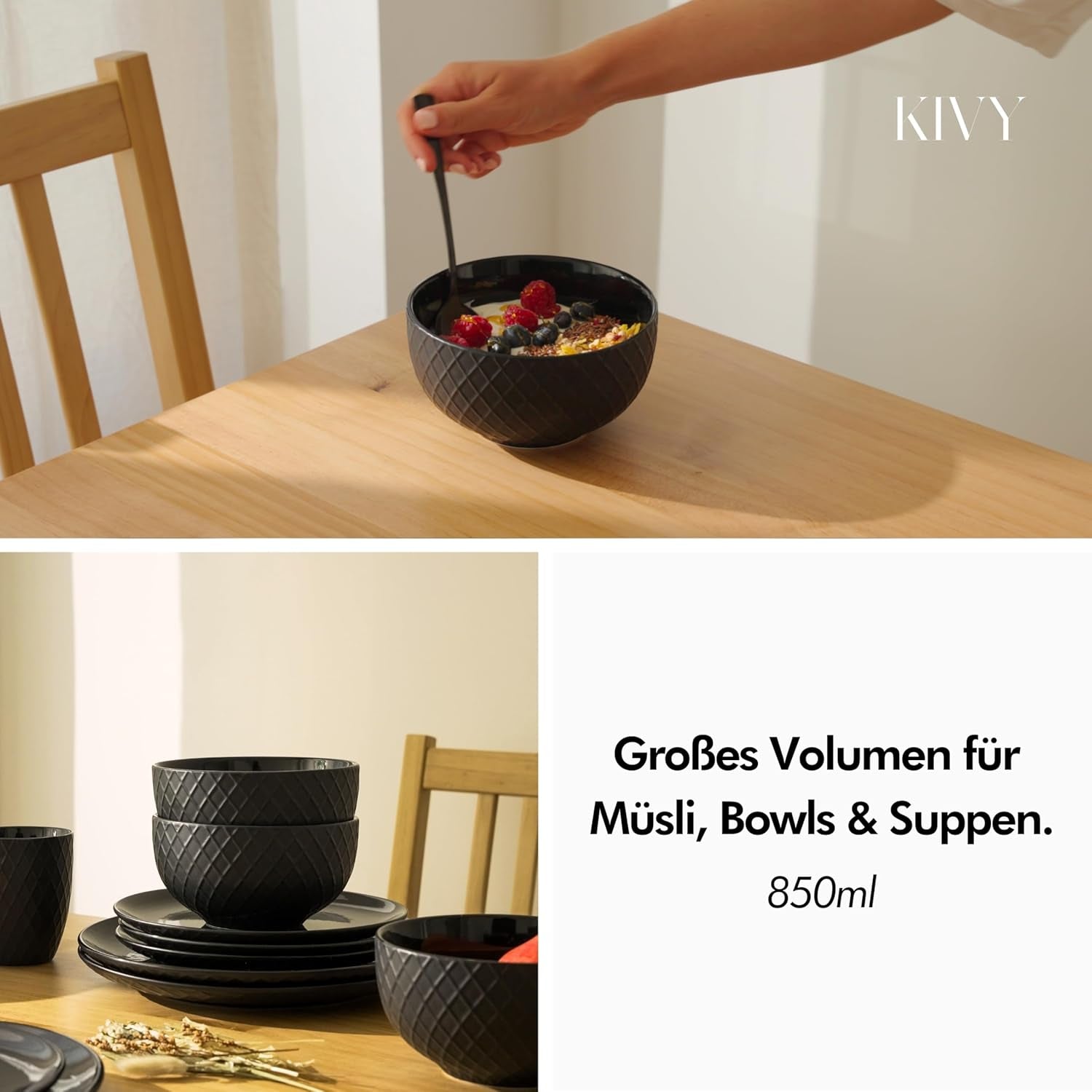 KIVY Müslischalen-Set – 6 x 850 ml – große Suppen- und Breischalen – Suppenschüssel – Schüssel – Müslischalen – Suppenschüsseln – Schüssel-Set – Keramik-Müslischale (cremeweiß, Schalen)