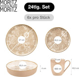 Moritz & Moritz MARIELLA 24-teiliges Steingut-Geschirrset für 6 Personen – Modernes beigefarbenes Geschirr mit verspieltem Design, pflegeleichtes Kaffeeservice mit Tellern, Schüsseln und Tassen – Kombinationsset