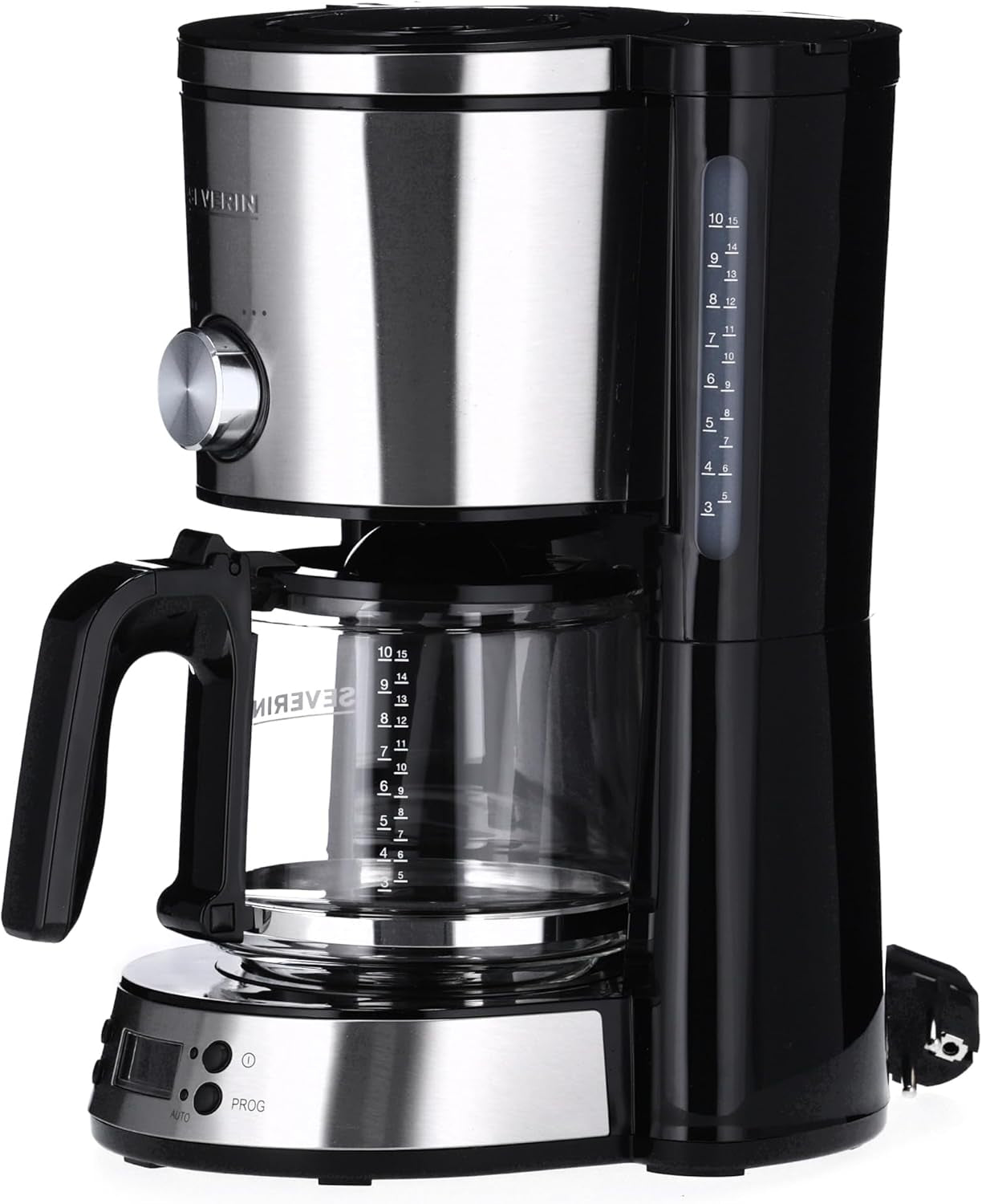 SEVERIN Espressomaschine „TypeSwitch“ mit Glaskaraffe und Timer, AromaSwitch zur Auswahl von 2 Brühoptionen, Digitaluhr mit Timerfunktion, für bis zu 10 Tassen, 1000 W, Edelstahl gebürstet-schwarz, KA 4826