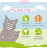 MjAMjAM – Premium-Nassfutter für Katzen – saftiges Huhn und Wildlachs, 6er-Pack (6 x 400 g), getreidefrei mit extra Fleisch