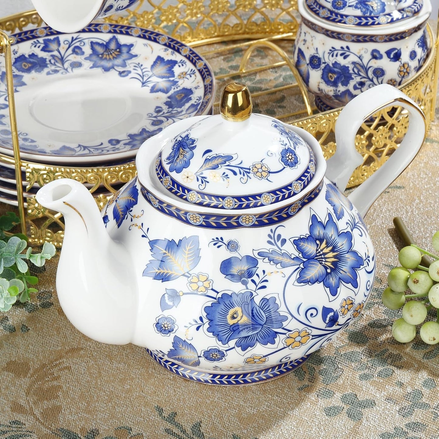 Fanquare Blue Flower Porzellan-Teeservice mit Metallständer, Vintage-Porzellan-Kaffeetasse und Untertasse, englisches Kaffeeset für Erwachsene
