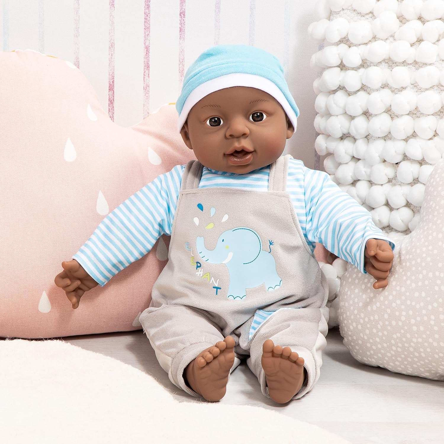 Bayer Design 94001AH Interaktive Babypuppe, Junge, sprechend, weicher Körper, 40 cm, dunkles Leder, blau