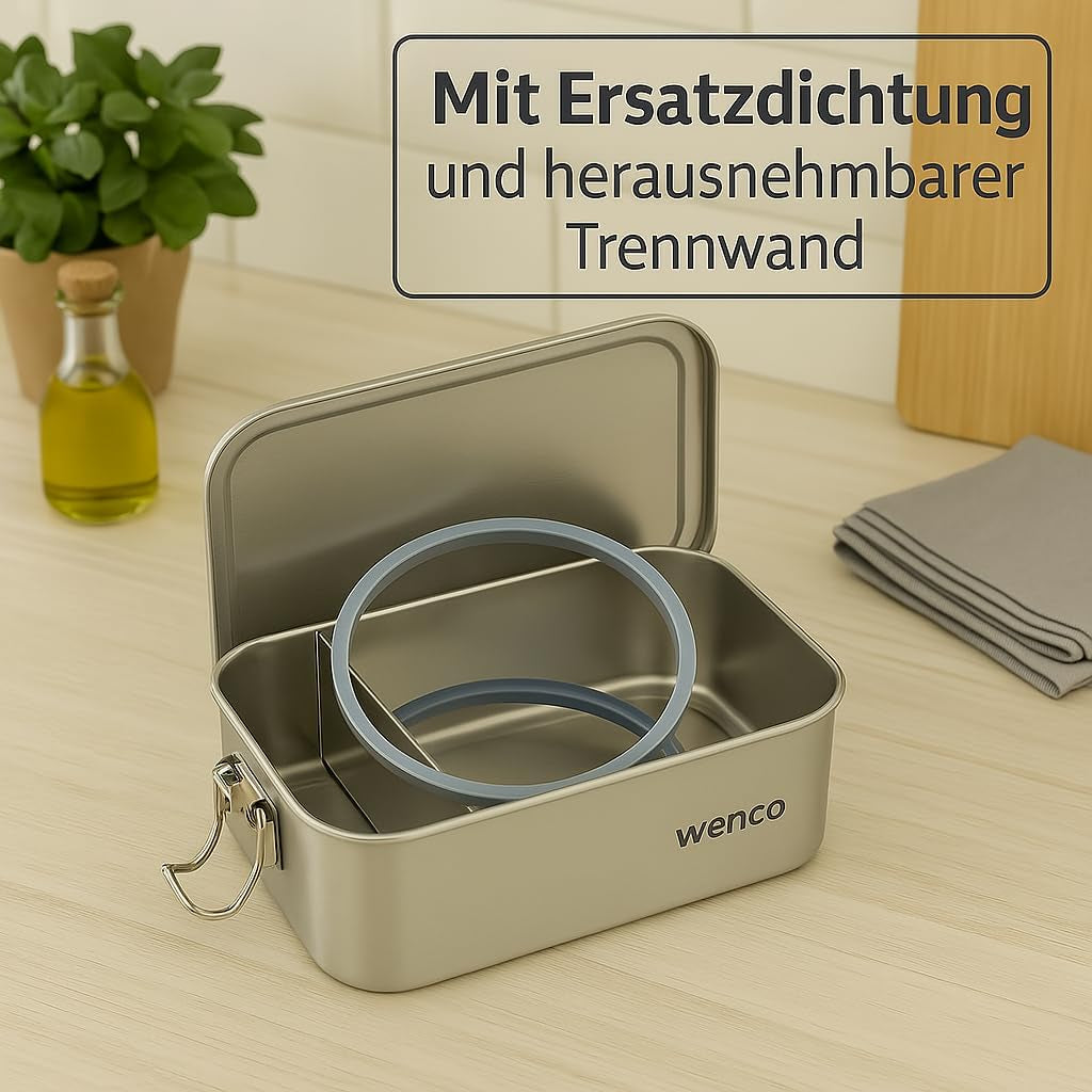 Wenco Edelstahl-Lunchbox, 2 Fächer, großes Fassungsvermögen, 850 ml, Lunchbox, wasserdicht, spülmaschinenfest, inklusive Ersatz-Silikonring, 18,5 x 14 x 5,5 cm, silberfarben (2 Stück), Frischhalteboxen, Naty Shop