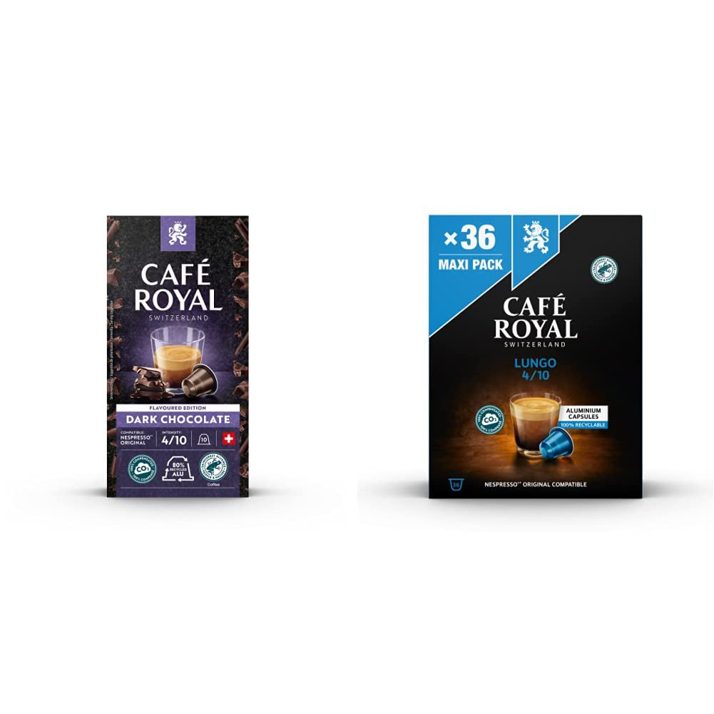 Café Royal Dark Chocolate Flavoured 100 Kapseln für Nespresso Kaffee Maschine – 4/10 Intensität – UTZ-zertifiziert, aus Aluminium & Lungo 36 Kapseln für Nespresso Kaffee Maschine – 4/10 Intensität