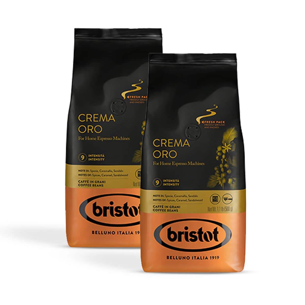 Bristot, Kaffeebohnen CREMA ORO – Total 1 kg – Mischung mit intensivem Aroma, süßem Geschmack, Gewürzen, Caramel, Sandelholznoten – Set mit 2 pro 500 g