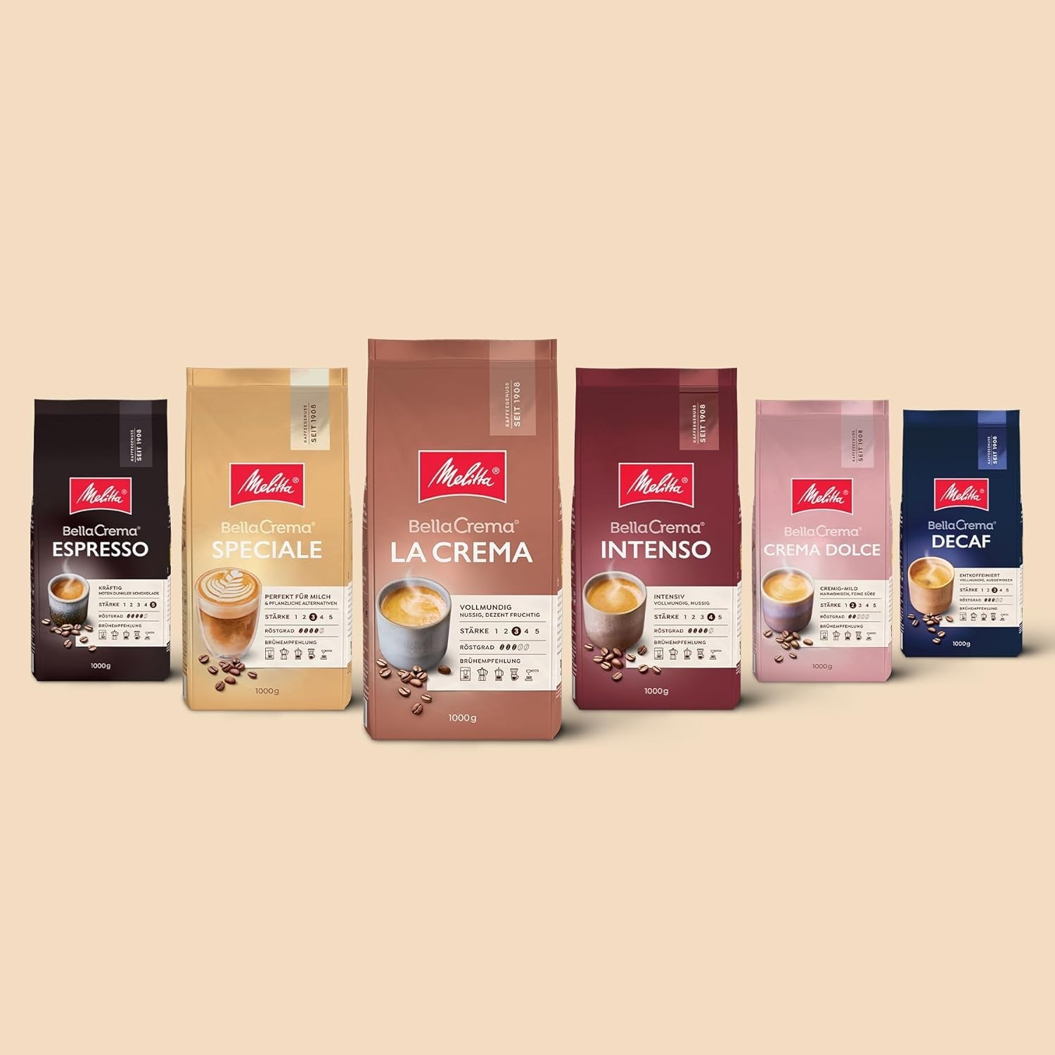 Melitta BellaCrema Crema Dolce Kaffeebohnen 1 kg, ungemahlen, Kaffeebohnen für Kaffeevollautomaten, leicht geröstet, in Deutschland geröstet, Intensität 2